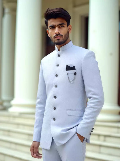 Sky Colour Self Design with Jacket Style Jacquard Jhodpuri Set