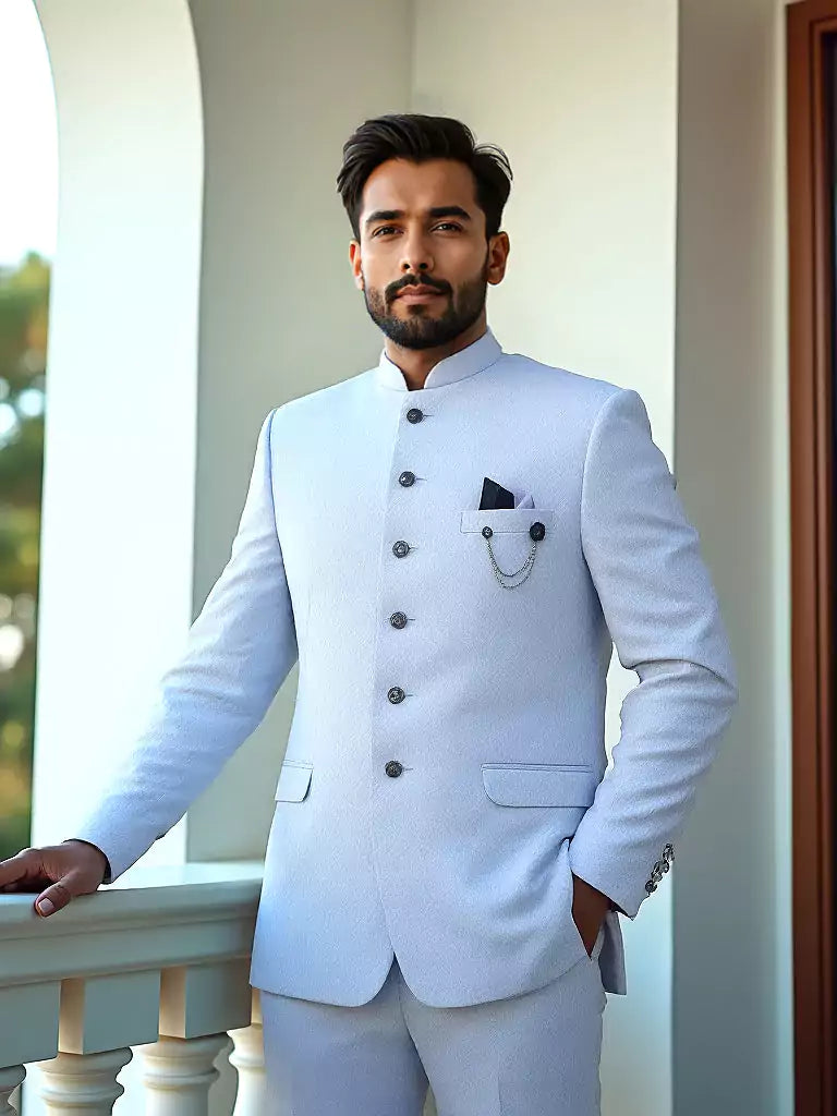 Sky Colour Self Design with Jacket Style Jacquard Jhodpuri Set