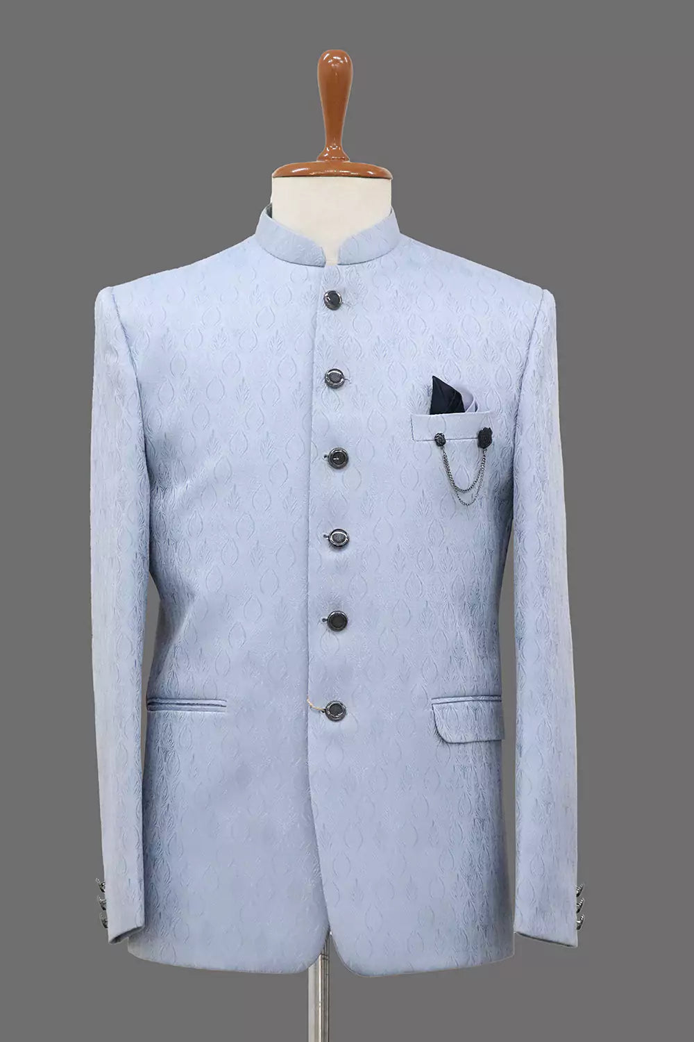 Sky Colour Self Design with Jacket Style Jacquard Jhodpuri Set