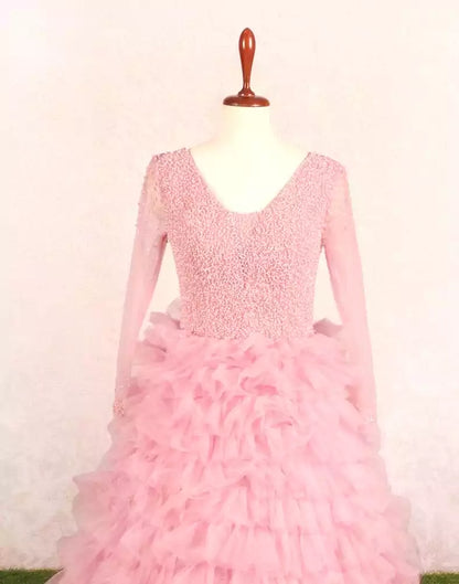 Designer Pink fully flared Netted Pearls work Gown