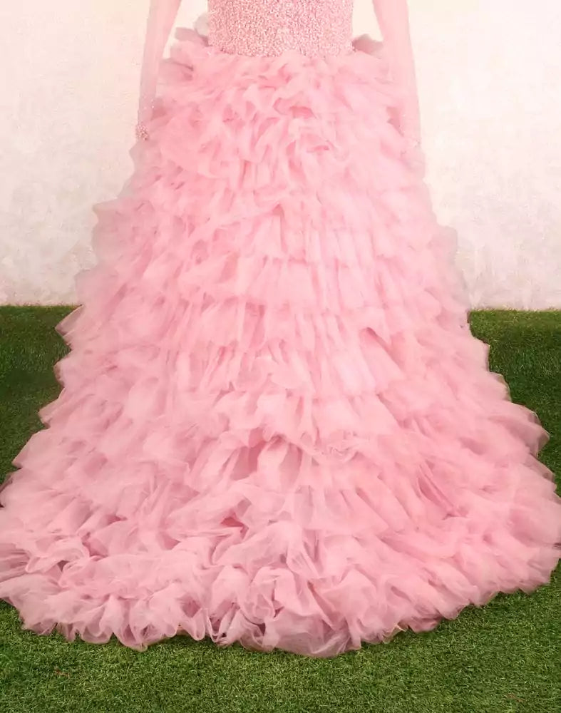 Designer Pink fully flared Netted Pearls work Gown