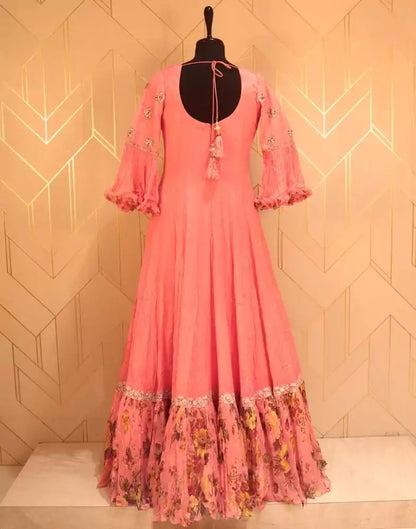 Designer Peach Coloured fully flared Plain Chiffon fabric Dress Gown