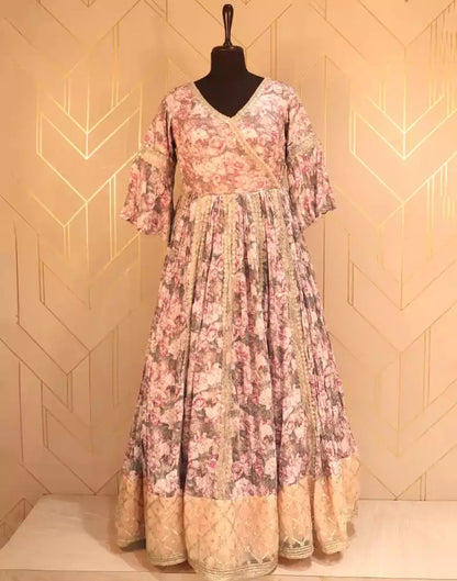 Designer Light Pink Floral Print Chiffon Dress Gown
