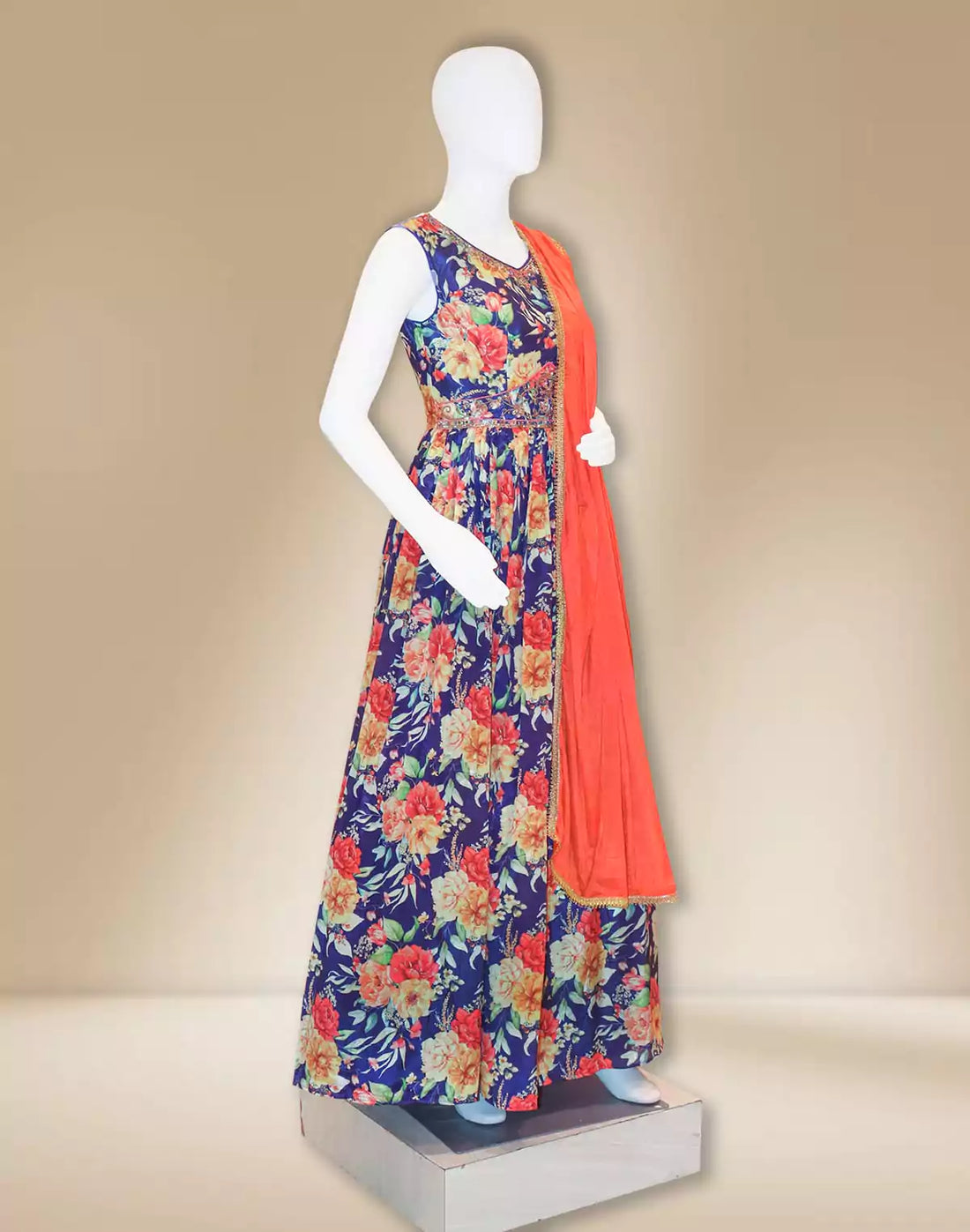 Purple Floral Print Crape Long Dress with Dupatta