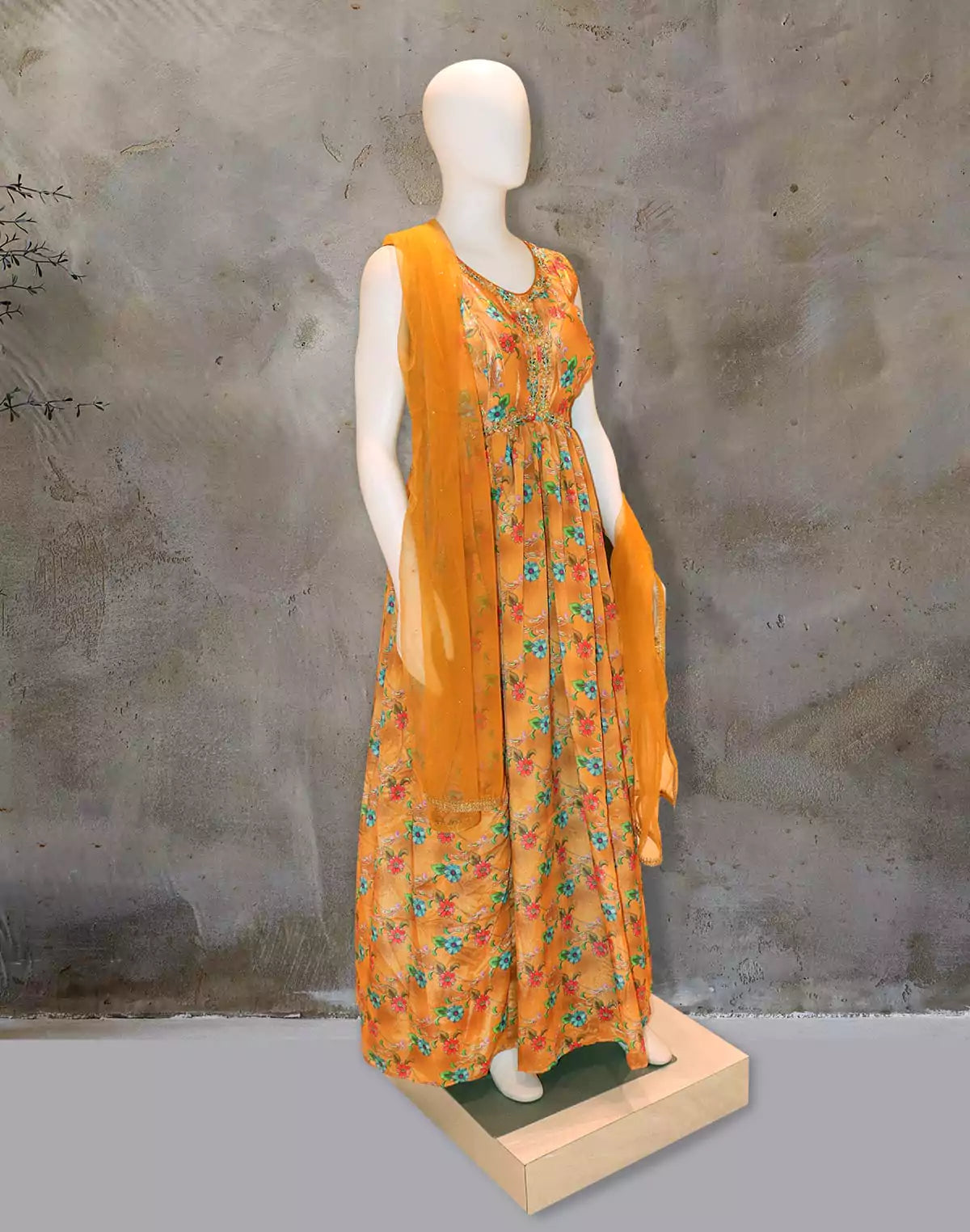 Mustard Crape Fabric Long Frock with Dupatta