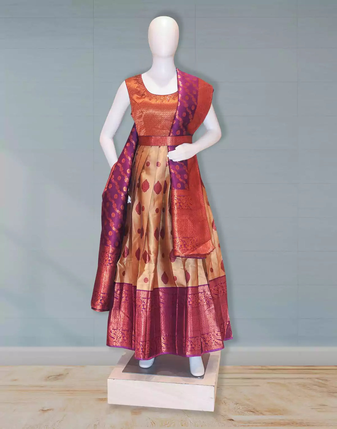 Wine Color Floral Banaras flared Gown with Dupatta
