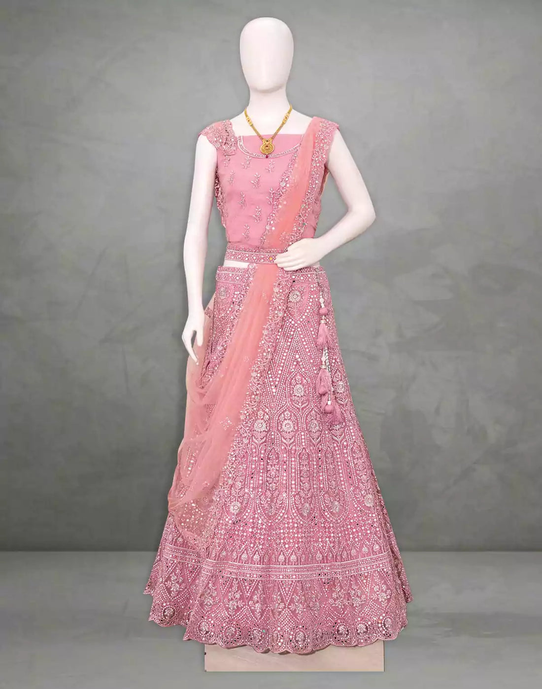 Designer party wear Light Pink all over Mirror work fully flared Netted Half Saree with Belt