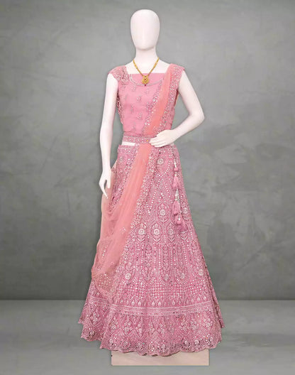 Designer party wear Light Pink all over Mirror work fully flared Netted Half Saree with Belt