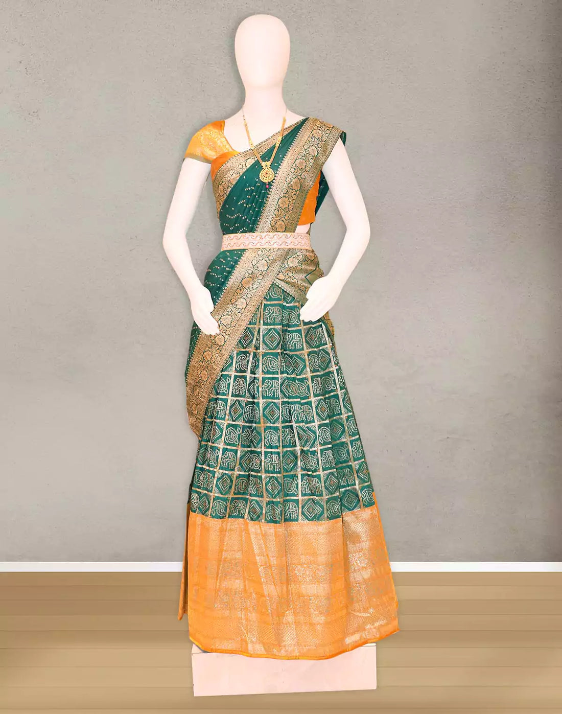 Green Floral print Banaras Fancy Half Saree