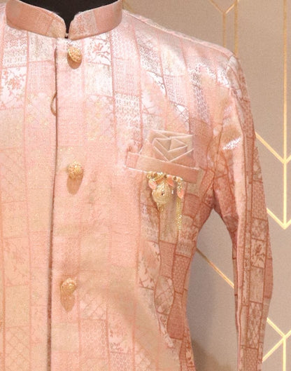 Peach Self Design Weave Jacquard Indo-Western Set