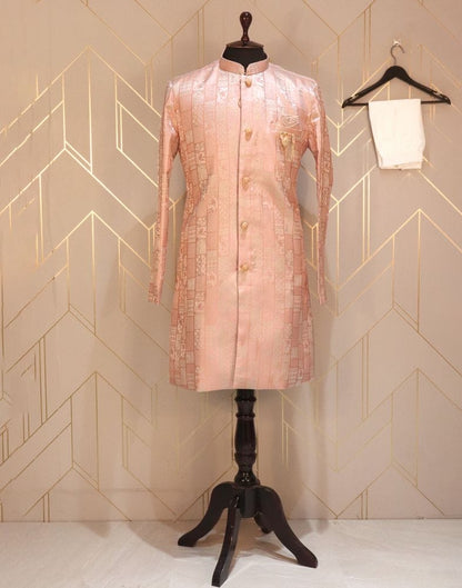 Peach Self Design Weave Jacquard Indo-Western Set