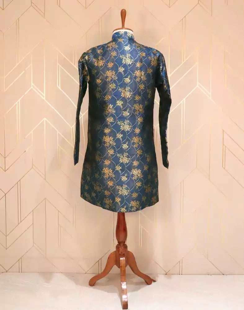 Blue Coloured Floral Raw Silk Indo-Western Set