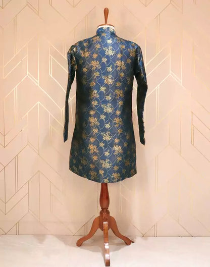 Blue Coloured Floral Raw Silk Indo-Western Set