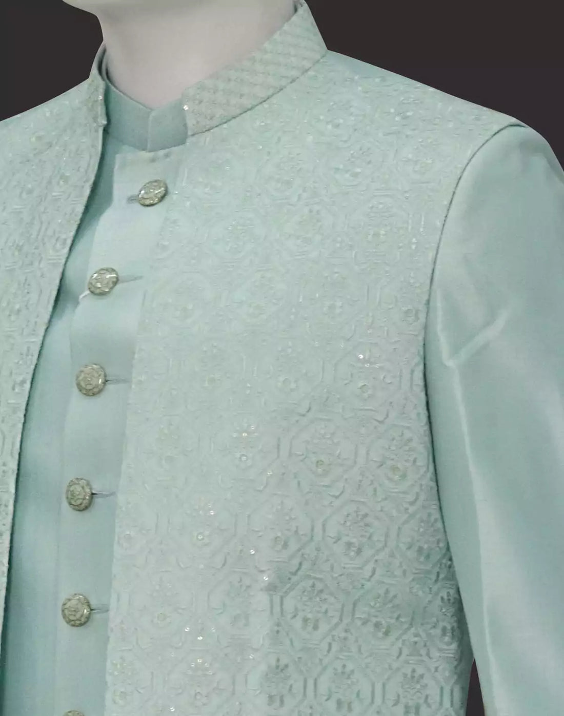 Elegant Light Green Coloured Jacquard Indo Open Jacket Style