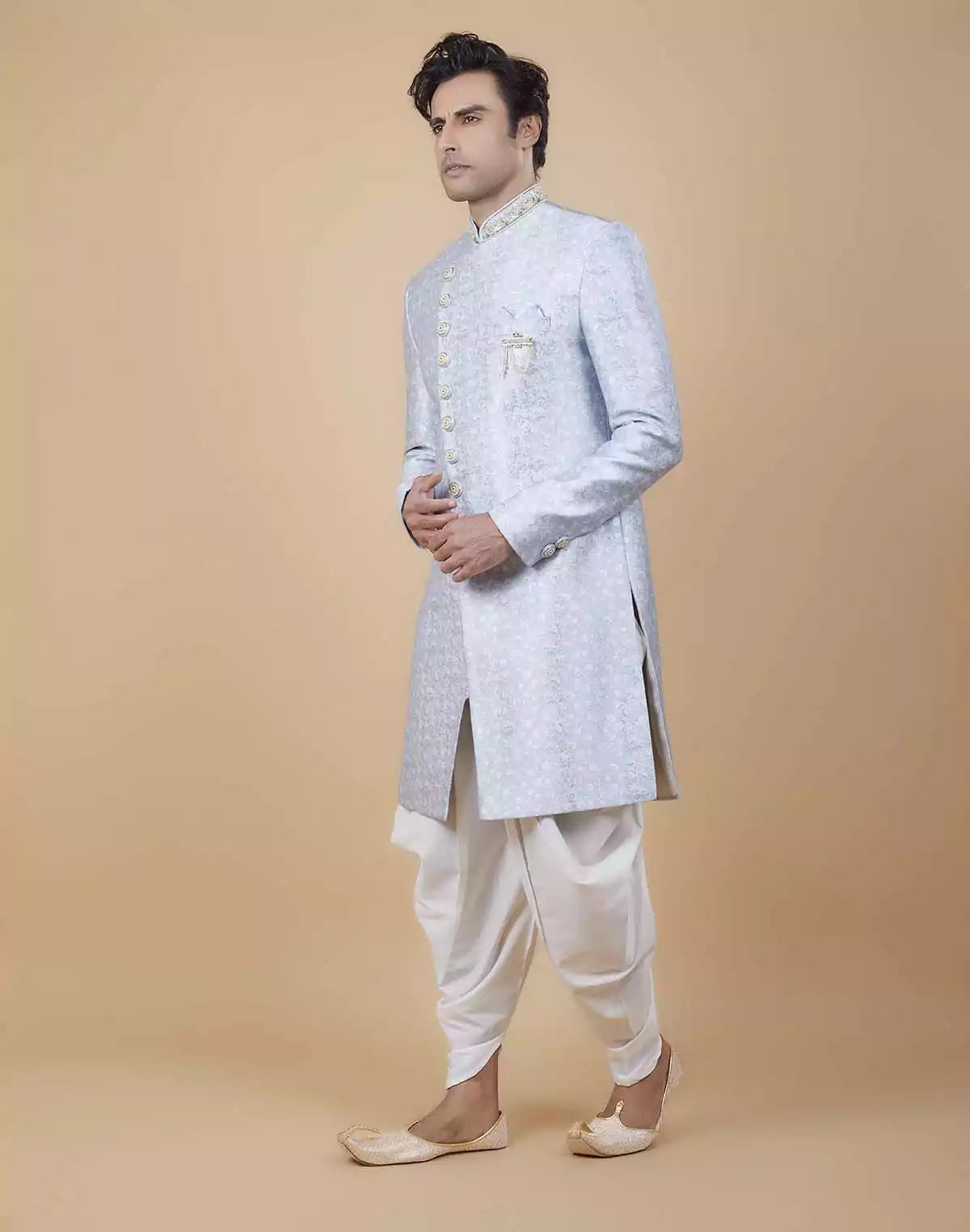 Bright Sky Blue Self Brocade Floral Design Indo Style