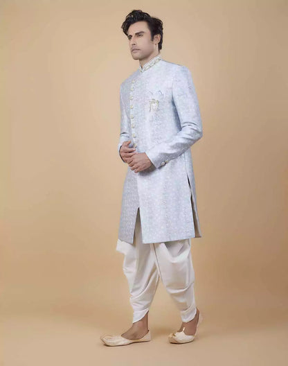 Bright Sky Blue Self Brocade Floral Design Indo Style