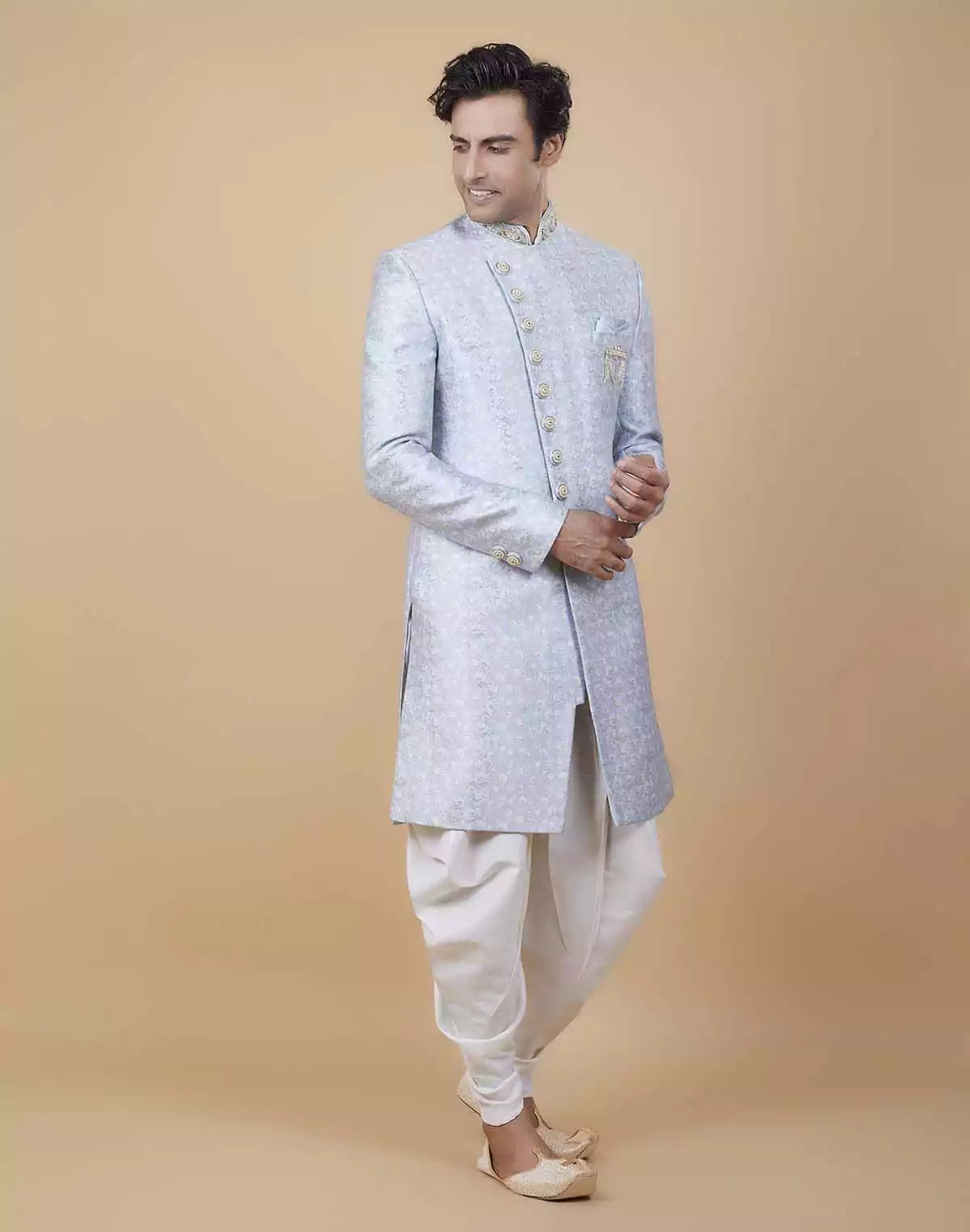 Bright Sky Blue Self Brocade Floral Design Indo Style