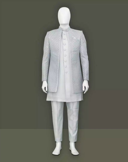 Grey Elegant Party Wear Milky Silk Indo Open Jacket
