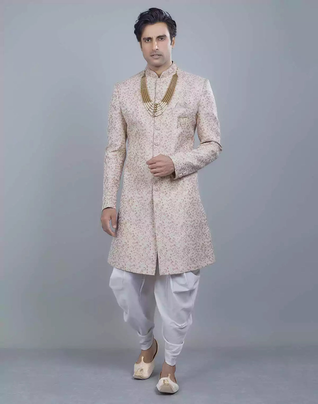 Graceful Peach Self All Over Floral Jacquard Design Indo Sherwani