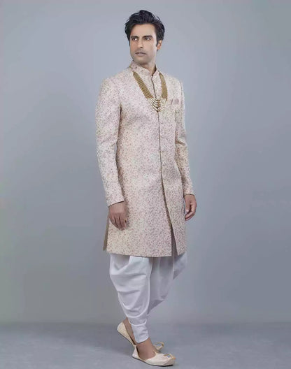 Graceful Peach Self All Over Floral Jacquard Design Indo Sherwani