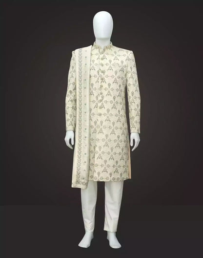 Rich Cream Floral Raw Silk Sequins with Embroidery work Indo Western Set with Dupatta