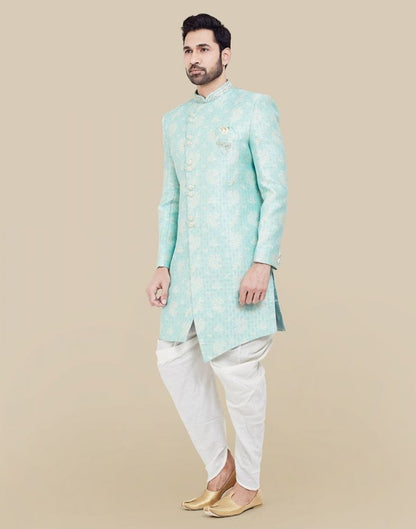 Sky Blue Self all over Brocade Indo Western Sherwani Set