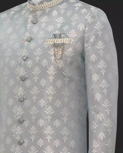 Grey Floral Jacquard Fabric Indo Western Set