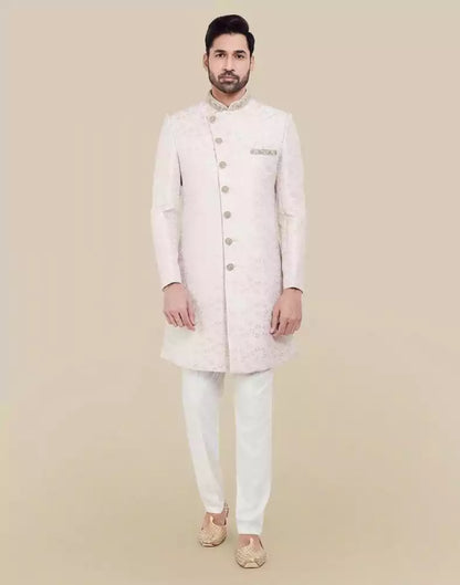 All Over Self Brocade Peach Coloured Indo Western Sherwani Set