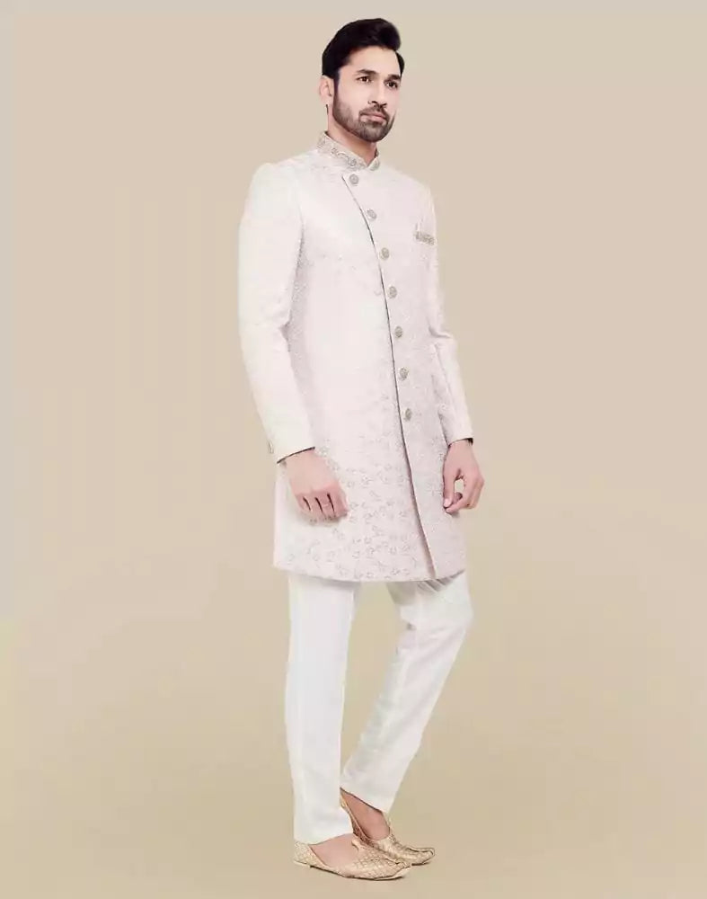 All Over Self Brocade Peach Coloured Indo Western Sherwani Set