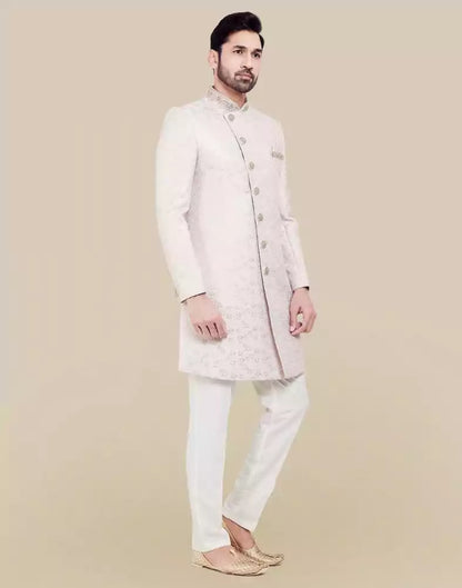All Over Self Brocade Peach Coloured Indo Western Sherwani Set