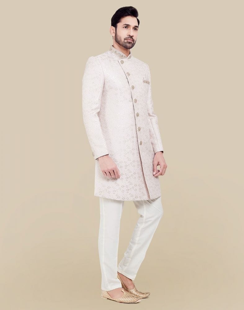 All Over Self Brocade Peach Coloured Indo Western Sherwani Set