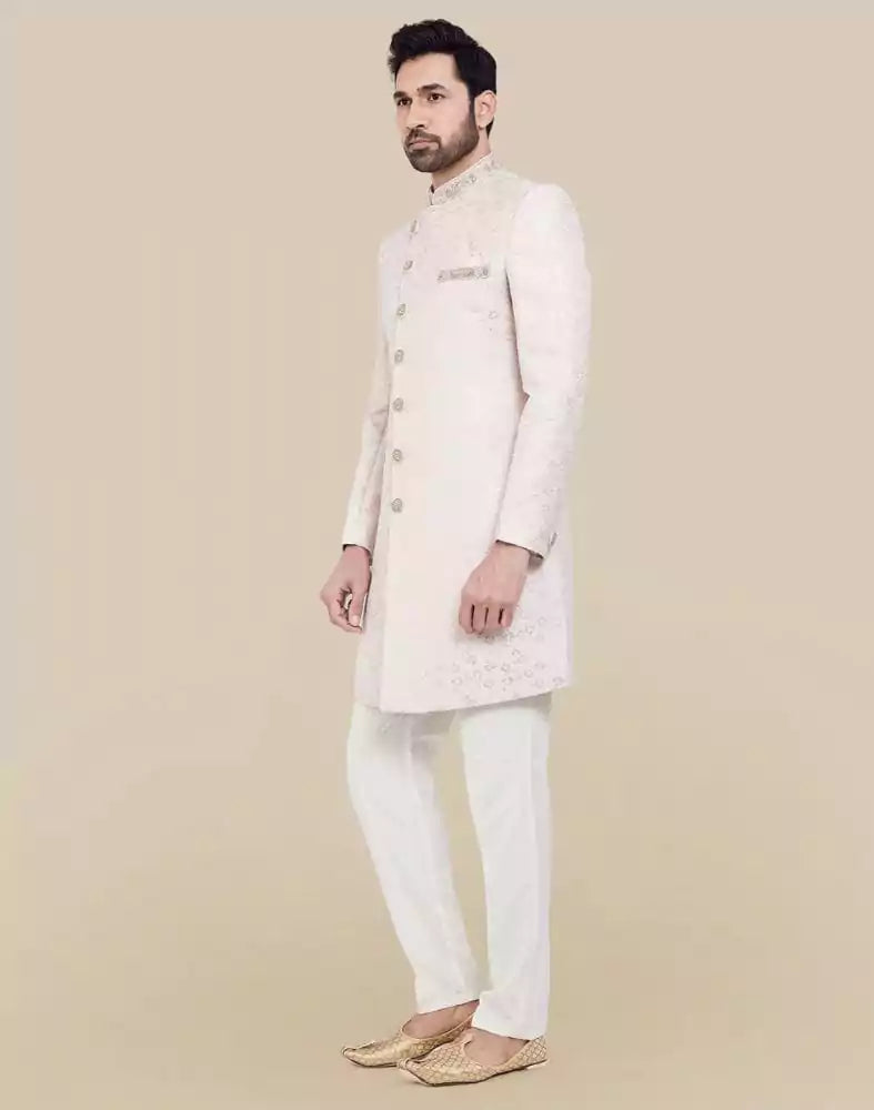 All Over Self Brocade Peach Coloured Indo Western Sherwani Set