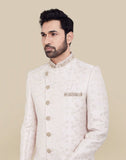 All Over Self Brocade Peach Coloured Indo Western Sherwani Set