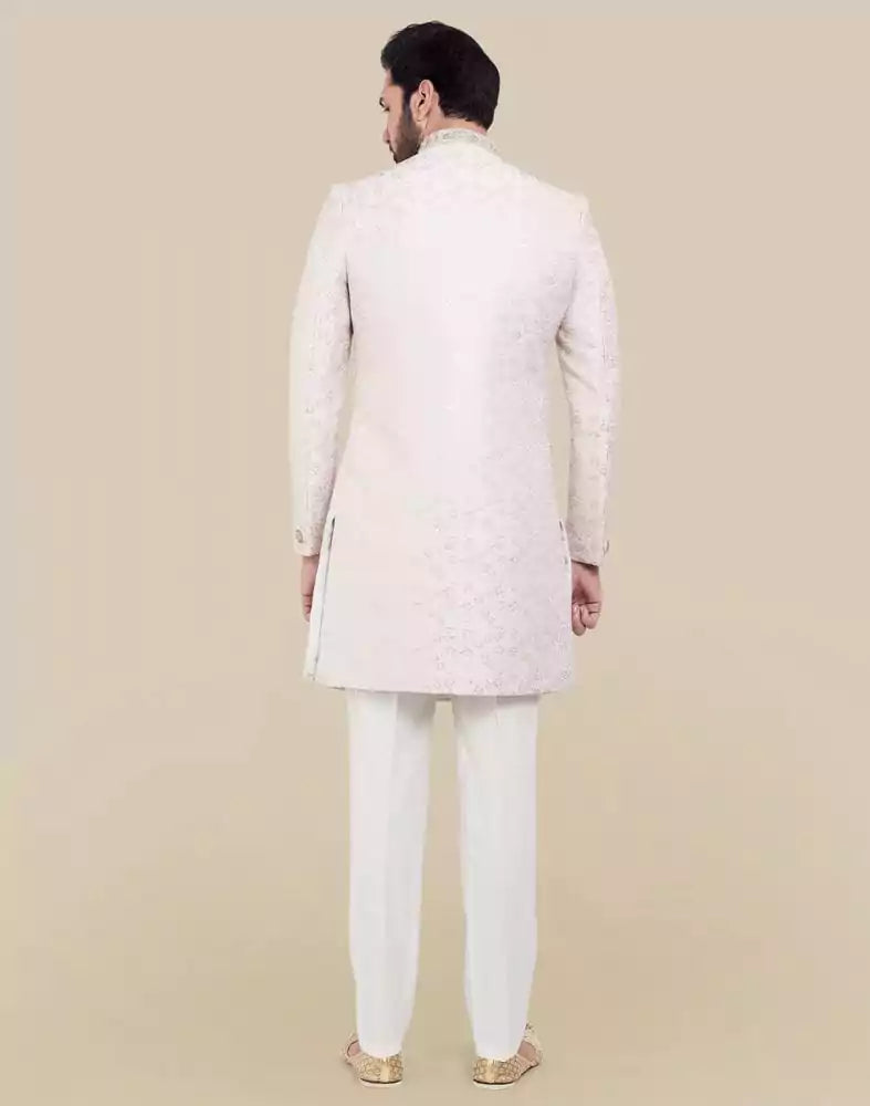 All Over Self Brocade Peach Coloured Indo Western Sherwani Set