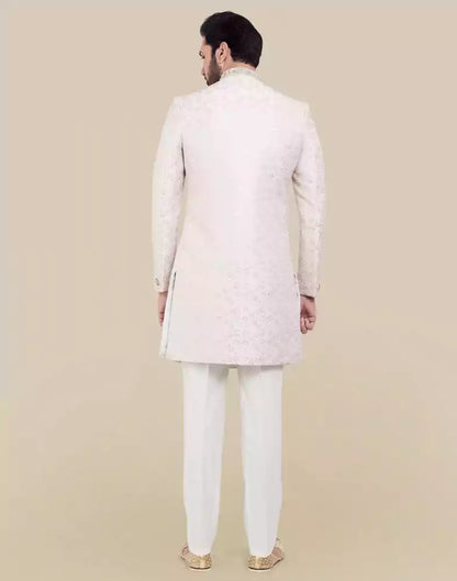All Over Self Brocade Peach Coloured Indo Western Sherwani Set