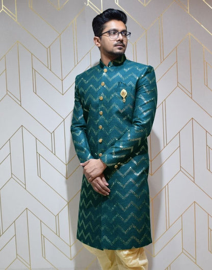 Stylish Rama Green Chevron Raw Silk Embellished Designer Indo-Western Set