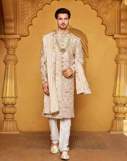 Attractive Beige Floral Raw Silk Embellished work Indo-Western Set