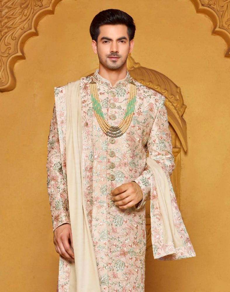 Attractive Beige Floral Raw Silk Embellished work Indo-Western Set