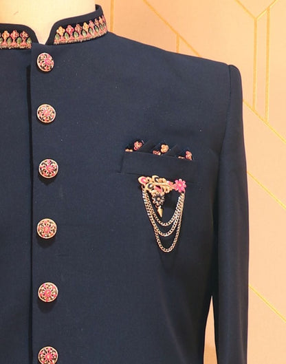 Blue Plain Embroidery work Polynosic Indo-Western Set