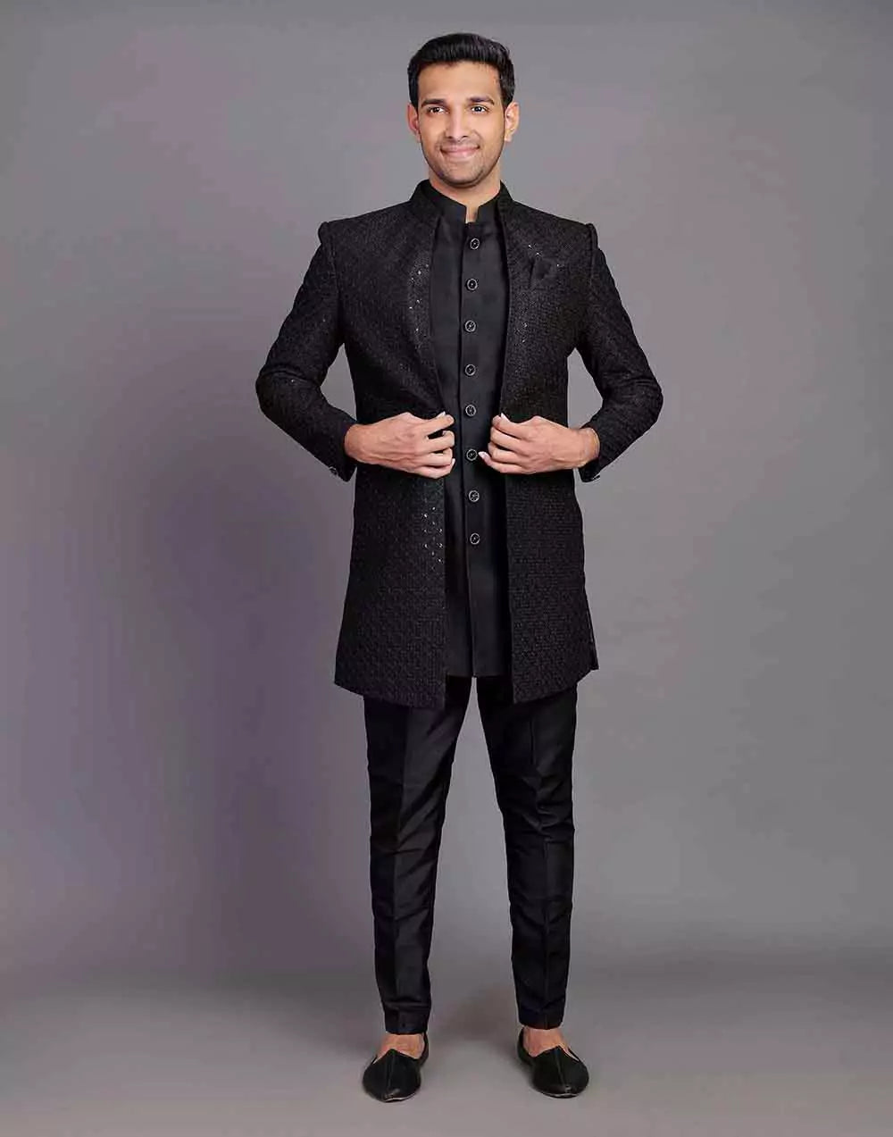 Raw Silk All Over Self Design Thread and Embellished Black Indo Open Style