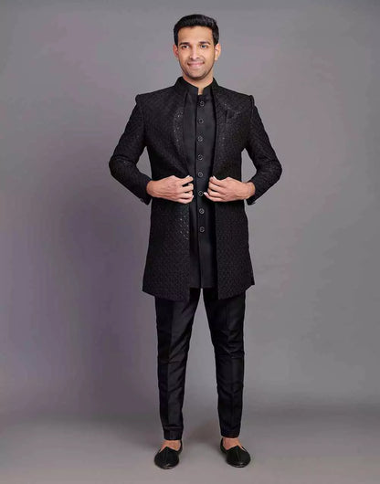Raw Silk All Over Self Design Thread and Embellished Black Indo Open Style