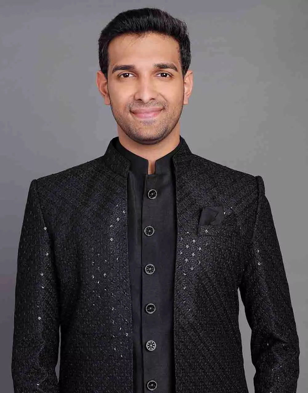 Raw Silk All Over Self Design Thread and Embellished Black Indo Open Style