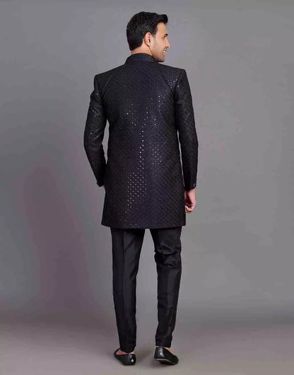 Raw Silk All Over Self Design Thread and Embellished Black Indo Open Style