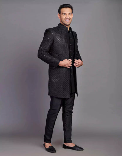 Raw Silk All Over Self Design Thread and Embellished Black Indo Open Style