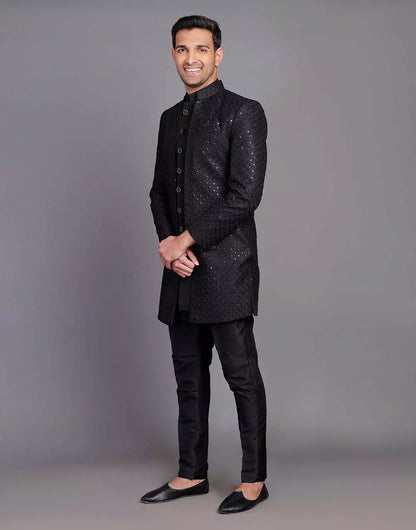 Raw Silk All Over Self Design Thread and Embellished Black Indo Open Style