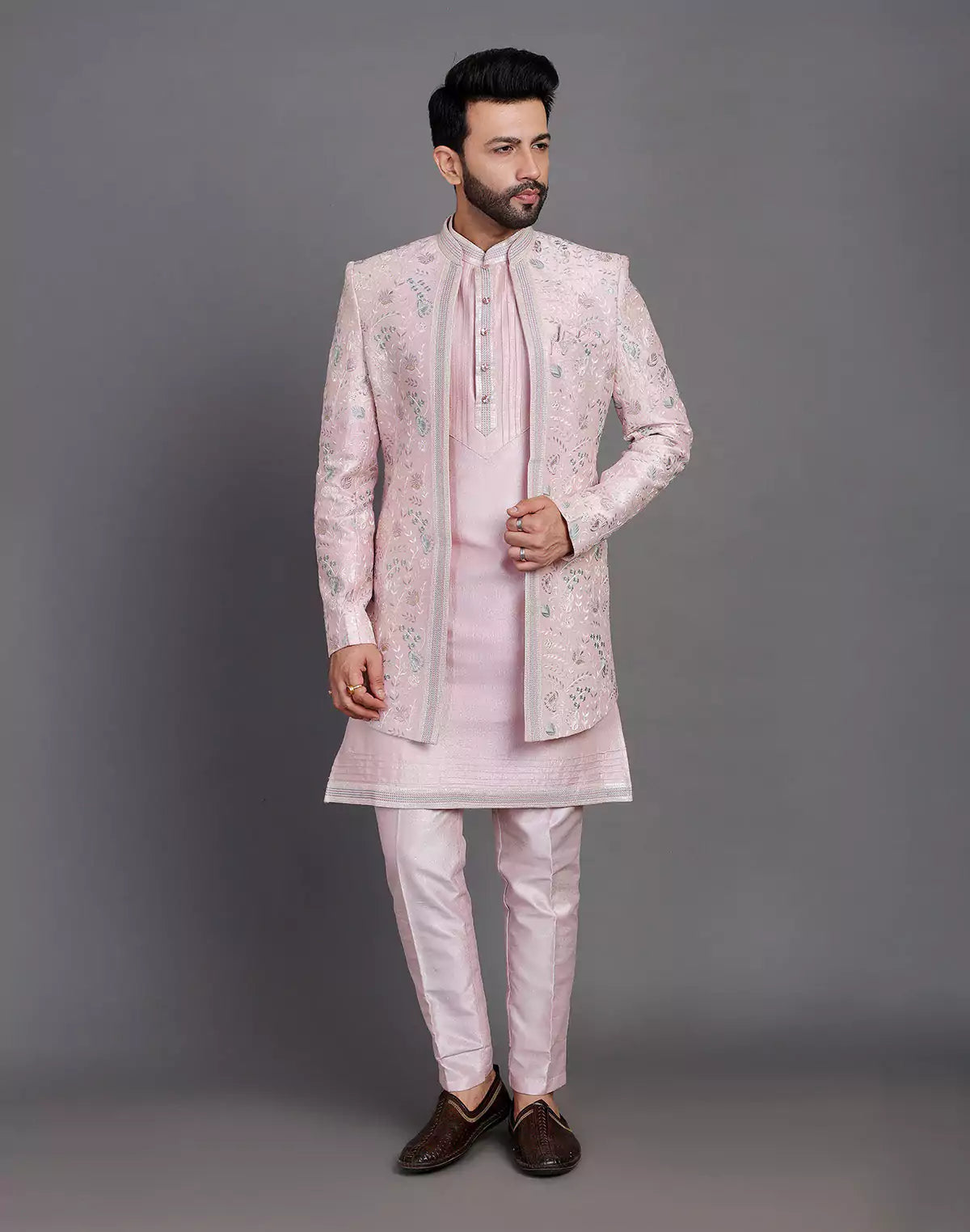 Lilac Coloured Raw Silk Multi Thread Embroidery Work Indo Open Jacket Style