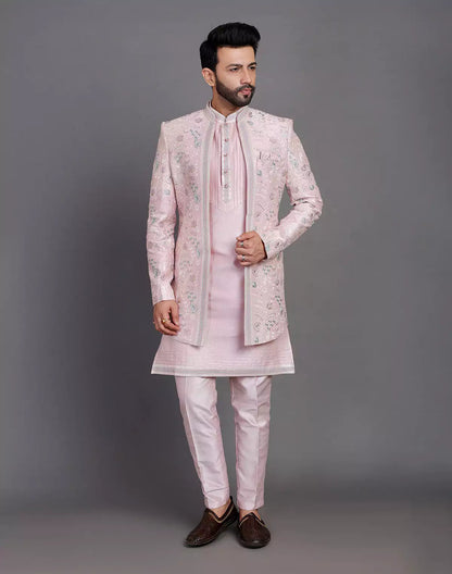 Lilac Coloured Raw Silk Multi Thread Embroidery Work Indo Open Jacket Style