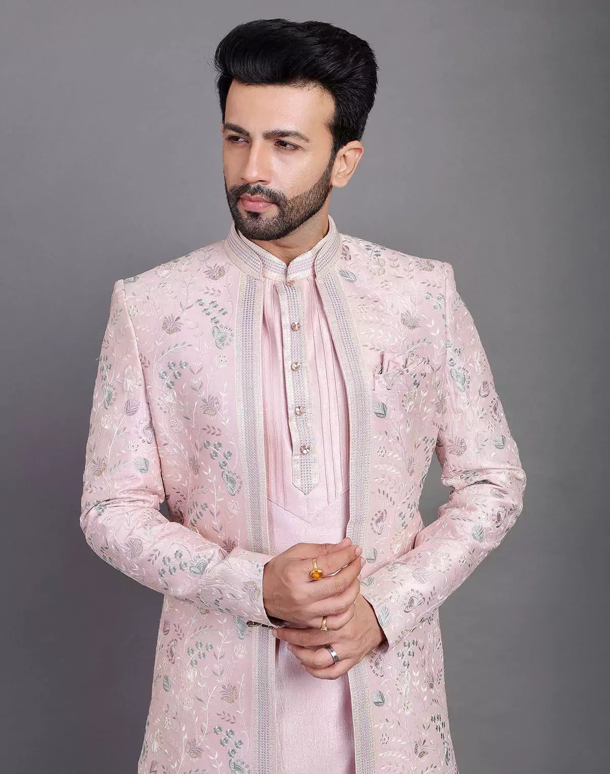 Lilac Coloured Raw Silk Multi Thread Embroidery Work Indo Open Jacket Style