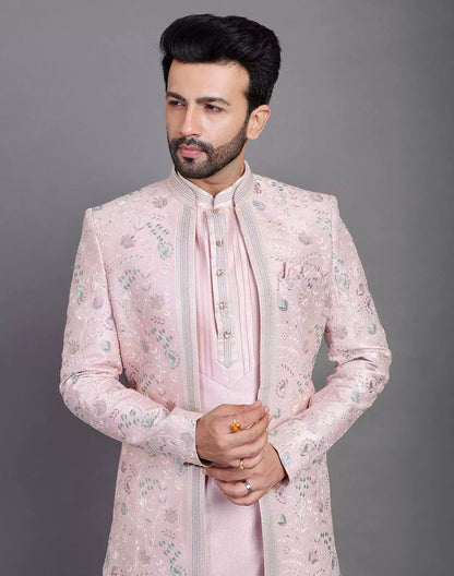 Lilac Coloured Raw Silk Multi Thread Embroidery Work Indo Open Jacket Style