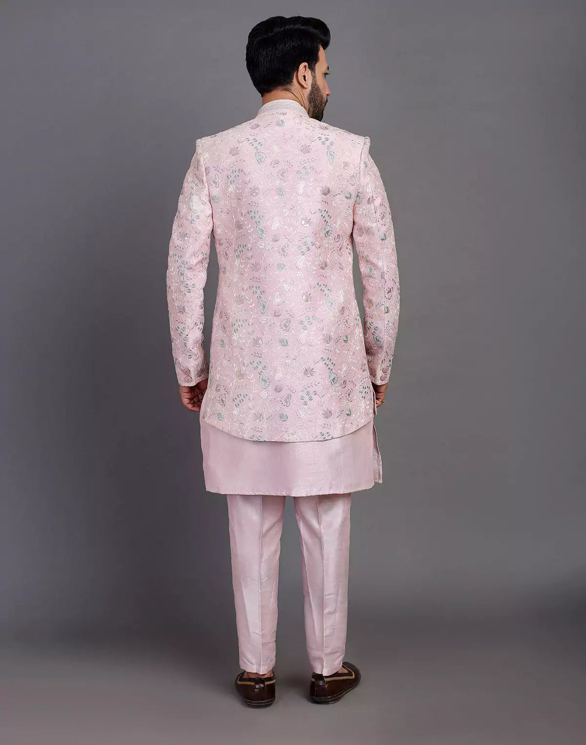 Lilac Coloured Raw Silk Multi Thread Embroidery Work Indo Open Jacket Style